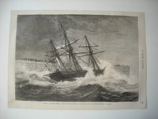 1869 Engraving. Le Havre. Hurricane. Loss Of Lerida On South Entrance Batteries