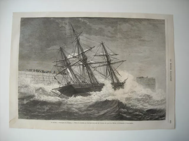 Gravure 1869. Le Havre. Ouragan. Perte Du Lerida Sur Les Batteries Sud De L’entr