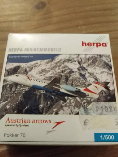 Herpa 1:500 Fokker 70 Austrian Arrows Tyrolean Diecast Airliner Model RARE