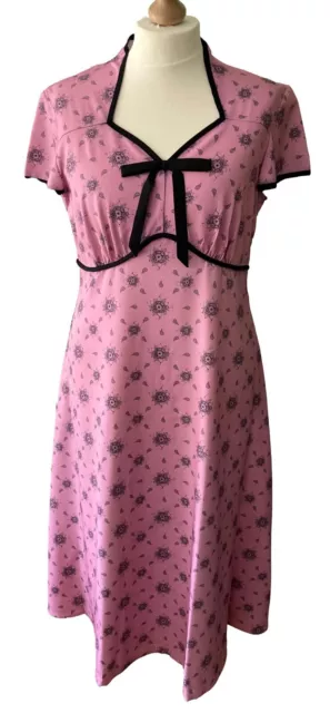 12 14 Rosa Nero Stampa Floreale Vintage Un Linea Impero Abito Retrò TTS Ultimo