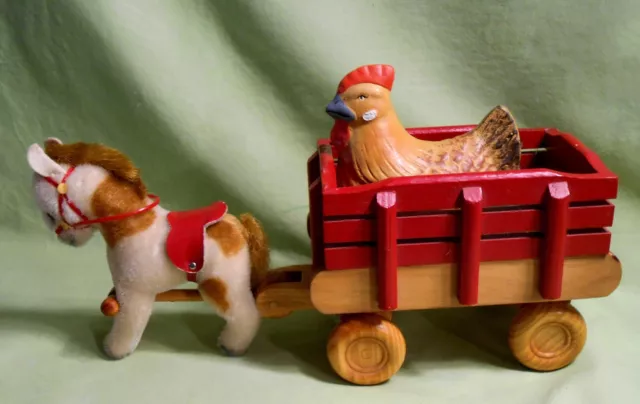 Vintage German Steiff Horse Pulling Wooden Easter Wagon with Hen