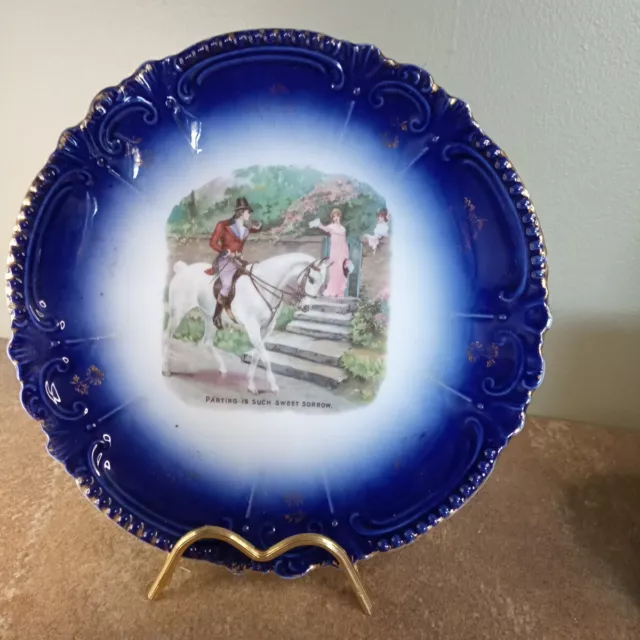 Antique 19th Century 'Vienna' Plate, Equestrian Scene with Cobalt Blue, 22.5cm