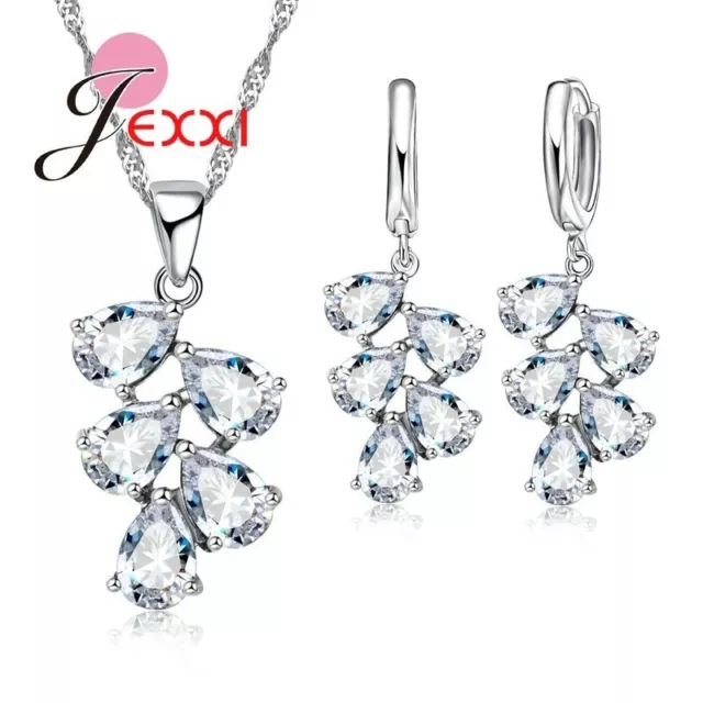 925 Sterling Silver Cubic Zirconia Crystal Pendant Necklace and Earring Set *UK*