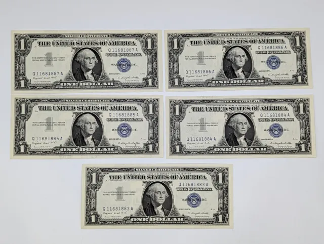 1957-A (5) Sequential CRISP Uncirculated $1 Dollar Silver Certificates