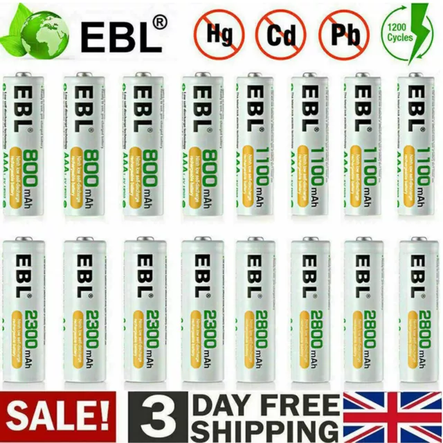 EBL Lot 2800mAh 2300mAh 1100mAh 800mAh AA AAA Rechargeable Batteries NI-MH + Box