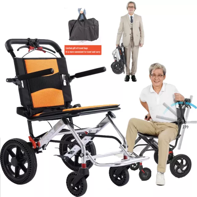 Folding Lightweight Wheelchair Manual Brake Aluminum Transport Travel Wheelchair