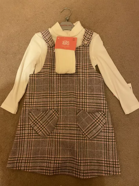 Pink And Cream Tartan Pinafore Top And Tights Set From Matalan Age 3-4 - New