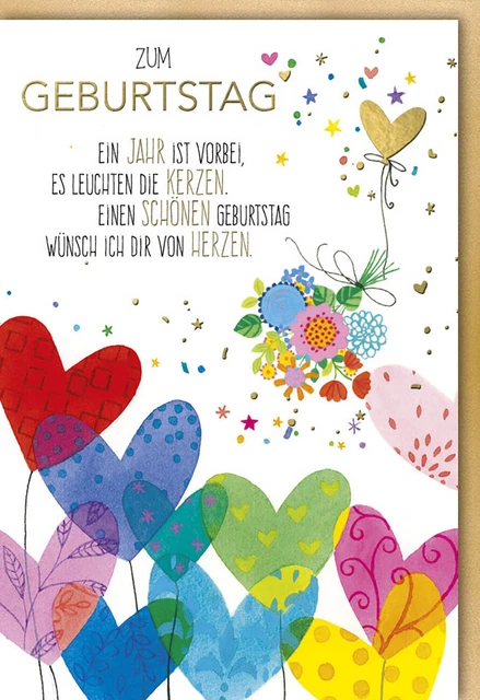 GLÜCKWUNSCHKARTE GEBURTSTAG SPRUCH mit bunten Blumenherzen EUR 2,75