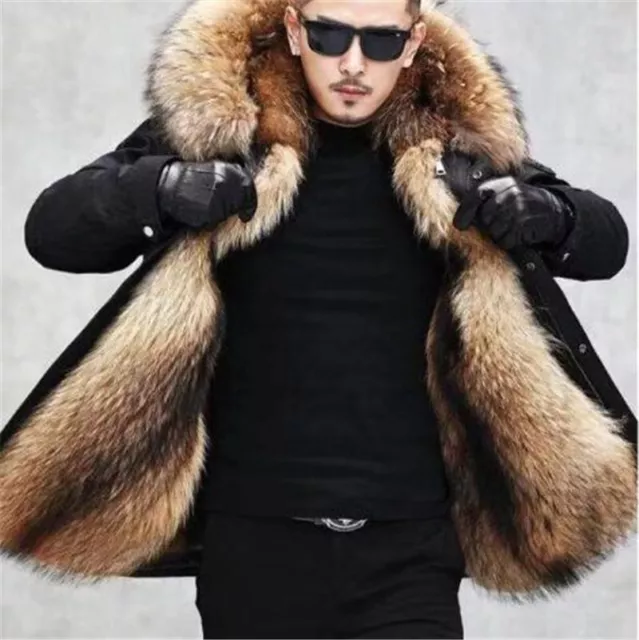 Mens Winter Jackets Coats Hooded Faux Fox Fur Parka Outwear Warm Thicken New