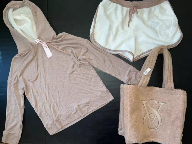 Victoria's Secret Felpa con Cappuccio + Pantaloncini + Borsa Marrone Beige Crema