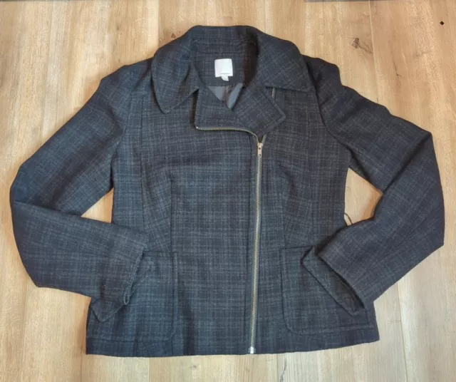 Women's Halogen Wool Blend Sz L Asymmetrical Zip Moto Jacket Black Plaid