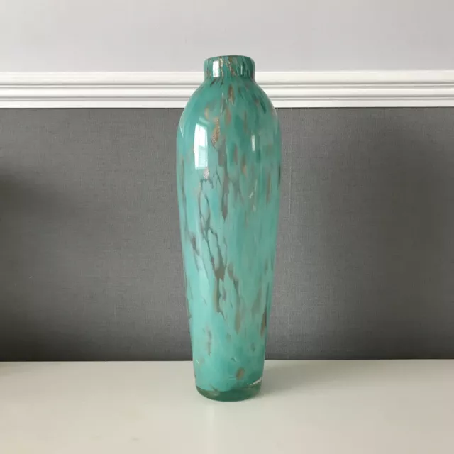 Vintage Green Clear Mottled Gold Flecked Art Glass Vase 44cm