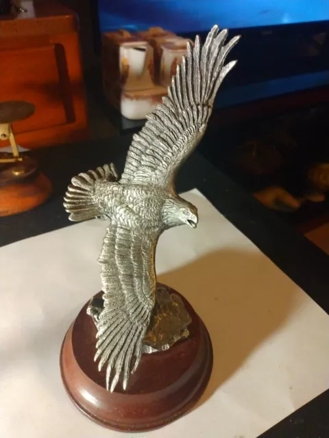 Beautiful Pewter Eagle Figure With Wood Base. Nice Detail & Size