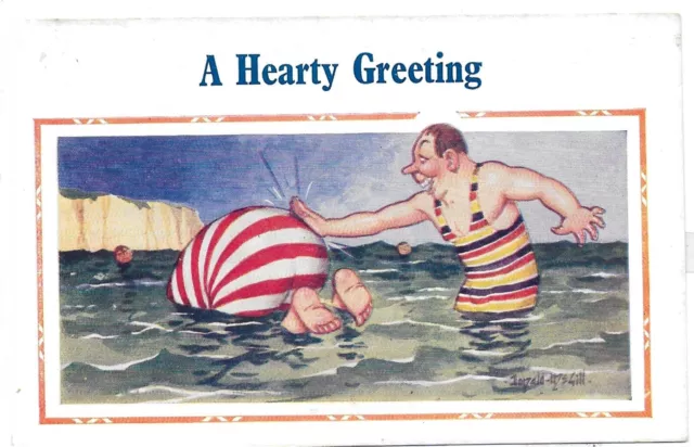 VINTAGE COMIC HUMOUR POSTCARD,DONALD McGILL,SEASIDE"A HEARTY GREETING"