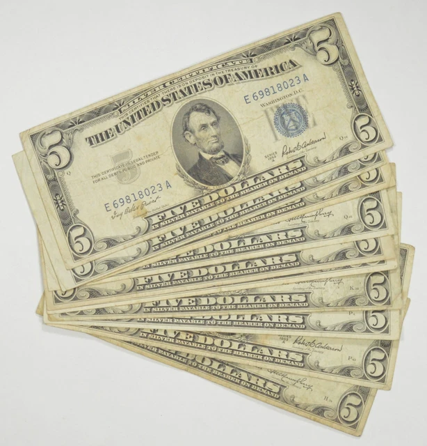 Lot of 10 1953 $5 Silver Certificate US Bank Note Collection Lot *0759