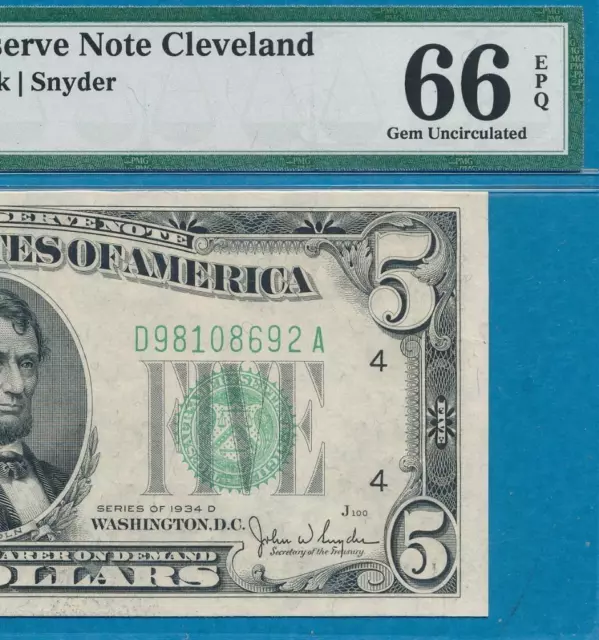 $5.00 1934-D  Cleveland District  Green Seal Frn Pmg Gem  New 66Epq
