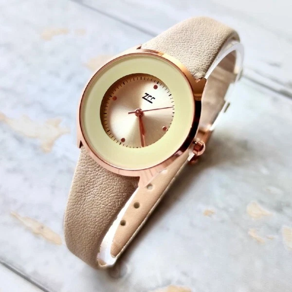 Orologio Da Polso Zcc Analogico Moda Elegante Casual Beige Con Cinturino Pelle