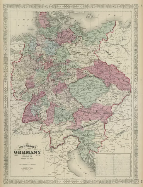 Johnson's Germany. Prussia Austria Bohemia Moravia Czech Republic Tyrol 1865 map