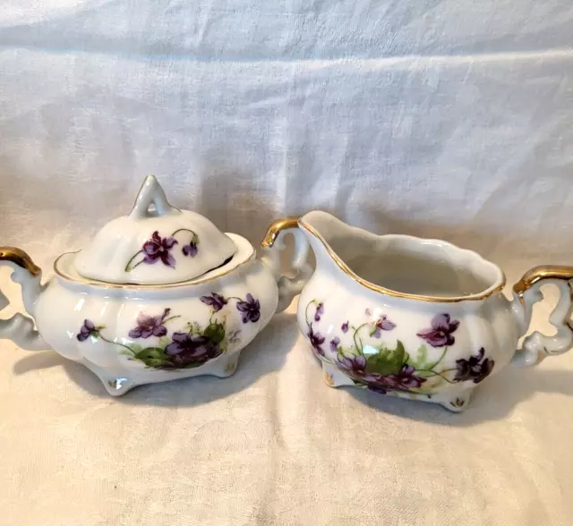 Vintage Lefton cream and sugar #2930 purple violets gold trim Japan