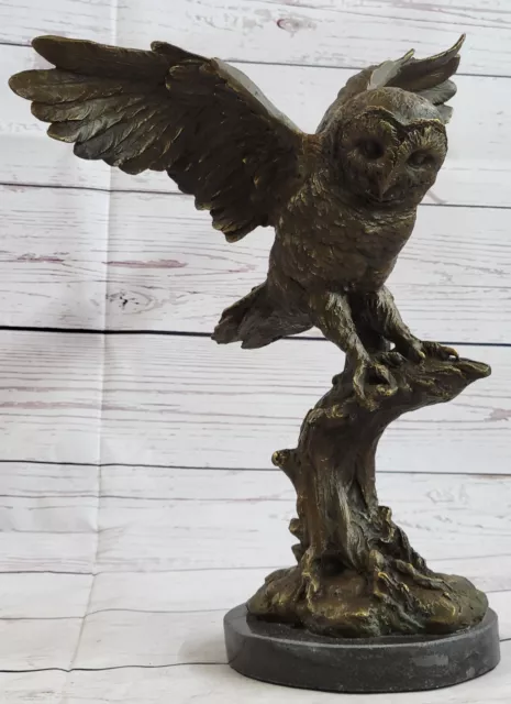 Bronze Marble Base Owl Bird Sculpture Statue Figure Art Decor Hot Cast Artwork