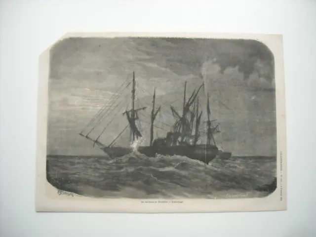 1873 Engraving. Le Naufrage Du Northfleet. The Boarding. Par M. Pharamond Blanchard.