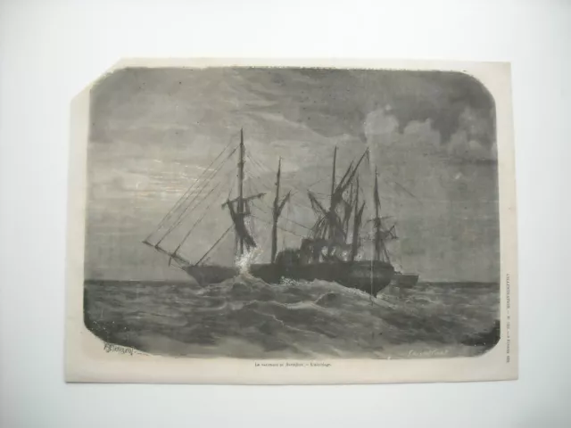 Gravure 1873. Le Naufrage Du Northfleet. L’abordage. Par M. Pharamond Blanchard.