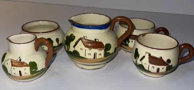 Vtg Torquay Watcombe Pottery England Motto Ware PitcherCream Sugar Cups Cottage