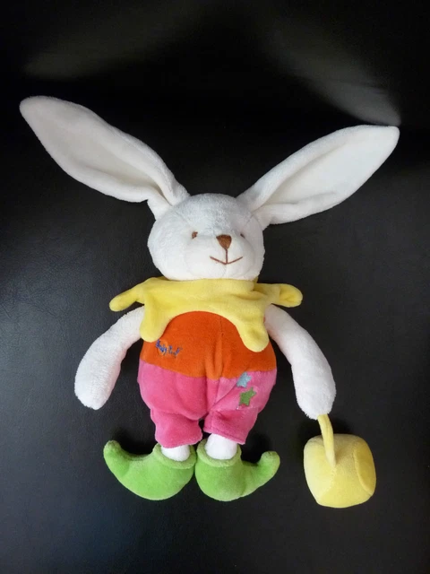 55. DOUDOU PELUCHE BABY NAT babynat' LAPIN ROSE ORANGE JAUNE GRELOT ETAT NEUF*