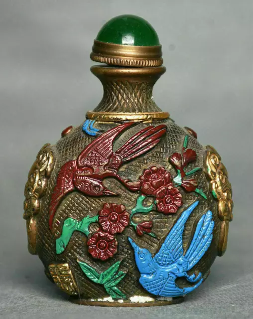 2.8" Old Chinese Copper Painting Dynasty Flower Birds snuff box snuff bottle