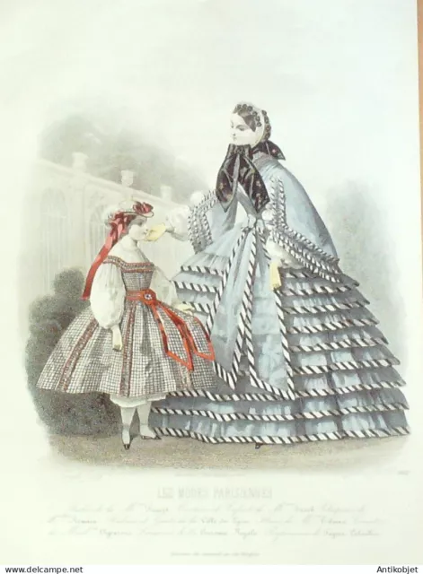 Gravure Modes parisiennes 1860 n°902 Robe velours brodé costume d'enfant