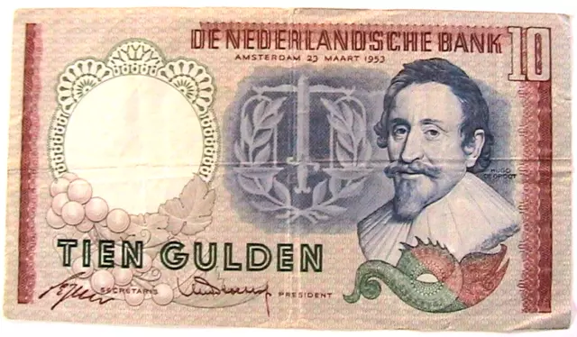 1953 Netherlands 10 Gulden VF Dutch Nederlands Banknote Currency Paper Money p85
