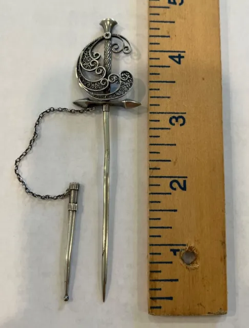 Antique Sterling Silver Sword Pierced Tie Bar Pin with Chain