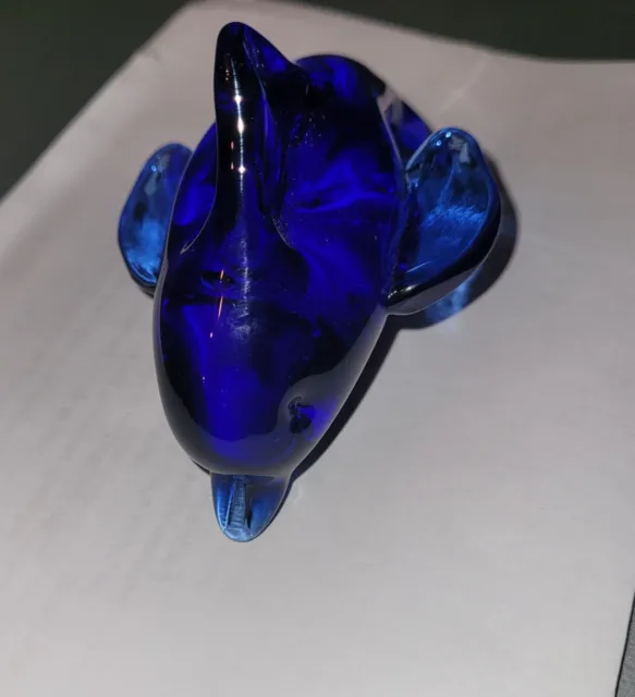 Dolphin Hand Blown Art Glass Paperweight Figurine Murano Style Cobalt 6"