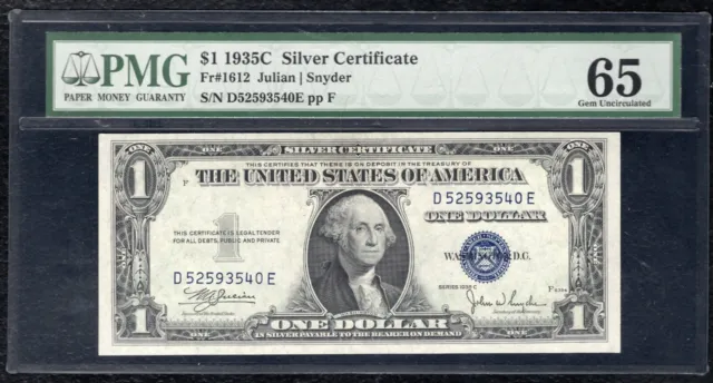 Fr. 1612 1935-C $1 One Dollar Silver Certificate Pmg Gem Uncirculated-65 (B)