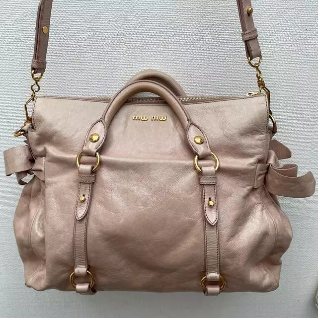 Auth Miu miu Handbag 2Way Shoulder Bag #4706 Pink Beige Leather Bow Ribbon
