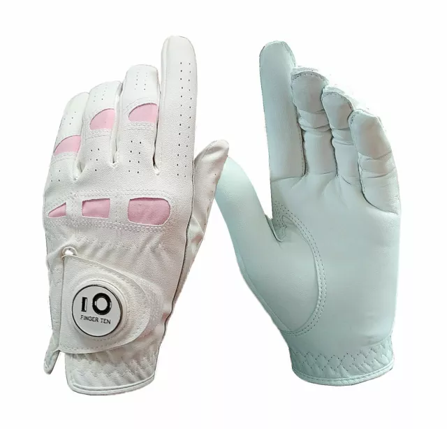 2xGolf Gloves Ladies Leather Left Right Hand Rain Grip with Ball Marker S M L XL