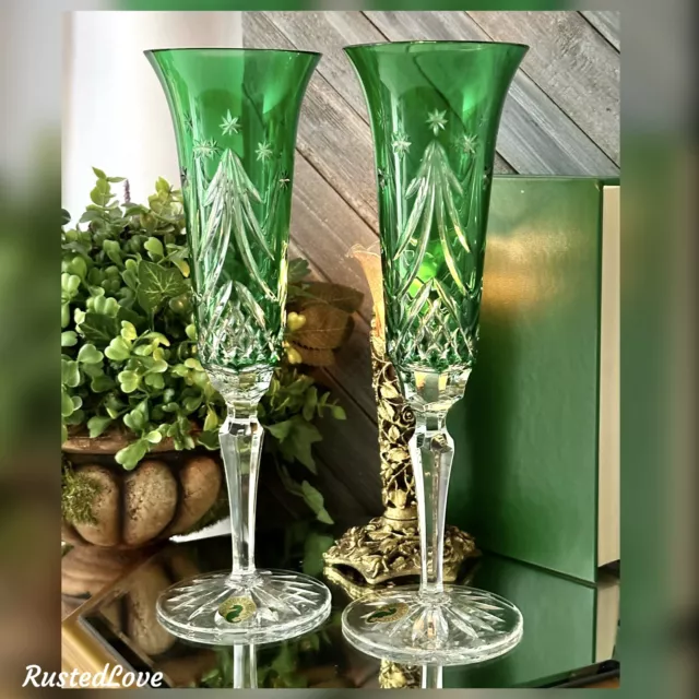 Waterford Merry Christmas Champagne Flutes Emerald Green Toasting Glasses - 2