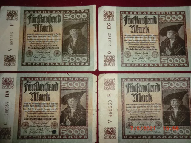 4 Stück Reichsbanknoten - Fünftausend Mark vom 02. Dezember 1922