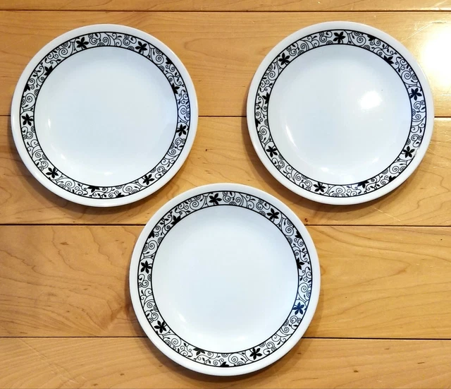 Corelle Winding Gate 6-3/4" Dessert/Bread Plates Set of 3 White & Black Floral