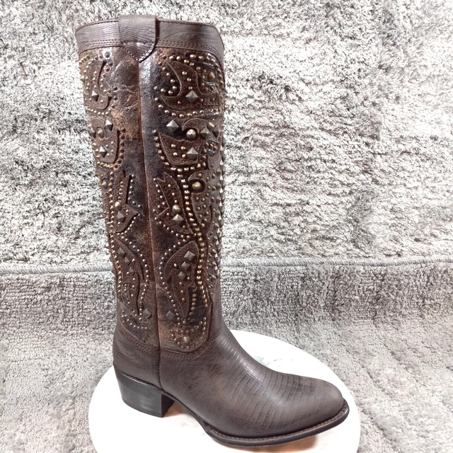 NIB FRYE DEBORAH DECO Tall Studded Leather Boot Dark Brown Sz