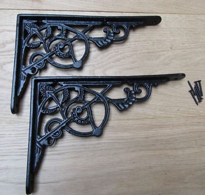 PAIR OF BLACK TRELLIS cast iron ornate shelf support wall brackets