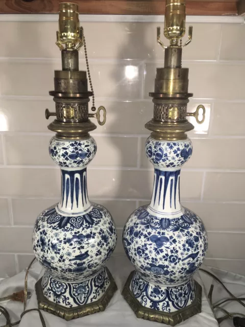 Pair Of Early 18th Century Delft Onion Garlic Vase Lamps By Gagneau Of France