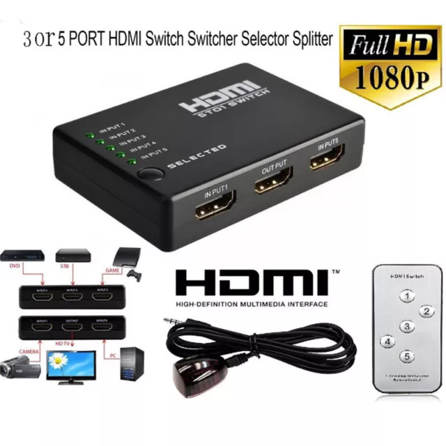 3Or5 Port HDMI Splitter Switch Selector Switcher Hub+Remote 1080p For HDTV.WD