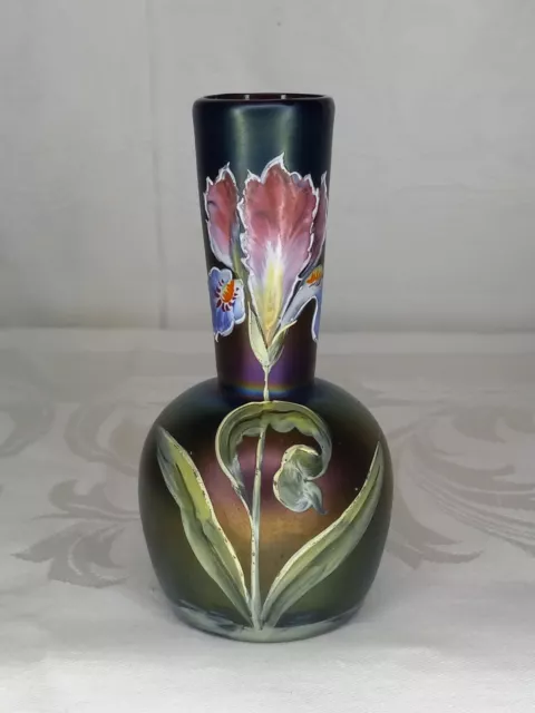 Bohemian Iridescent Enameled Art Nouveau Art Glass Cabinet Vase Loetz Kralik