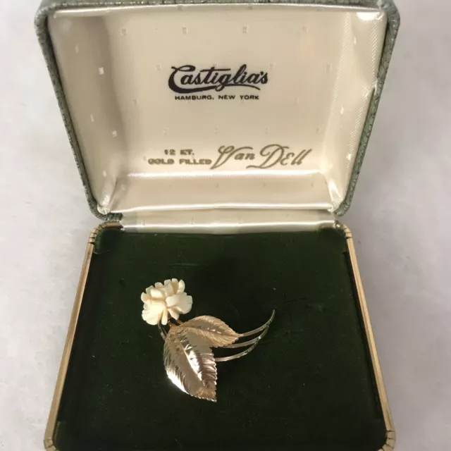 Vintage Van Dell Carved White Celluloid Rose Flower Brooch 12K Gold Filled & Box