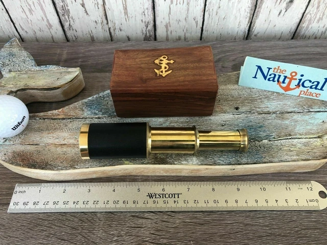 Telescope 6" Brass Leather Grip & Wooden Box Nautical Spyglass Maritime