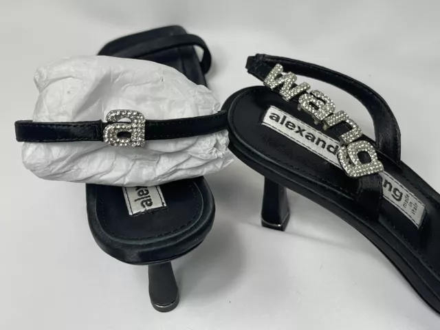 Alexander Wang Black Satin Ivy Healed Sandals Rhinestone Logo Womens Euro 39 Us9 2