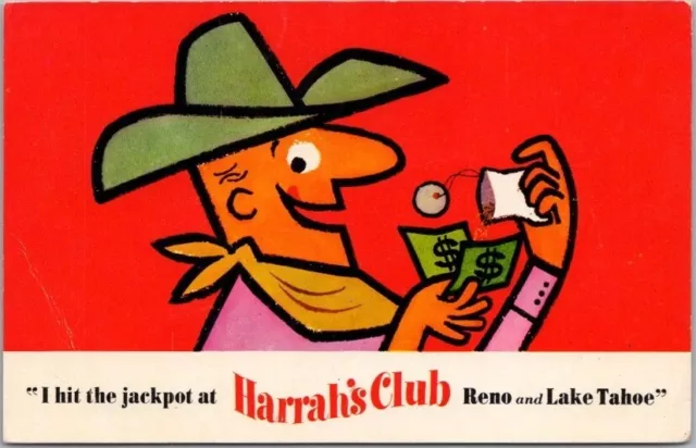 c1960s HARRAH'S CLUB CASINO Reno & Lake Tahoe Nevada Postcard Cowboy / Cigarette