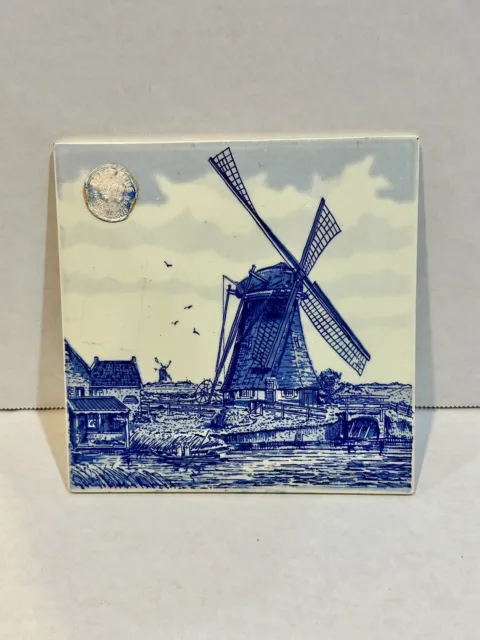 Delft Blue Hand Painted Holland 6x6 Porcelain Tile Blue White Windmill Vintage