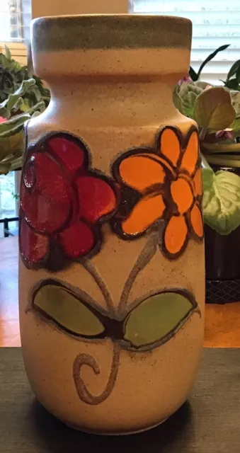 Mid Century SCHEURICH West Germany Pottery Vase Brown with Red Orange Flowers